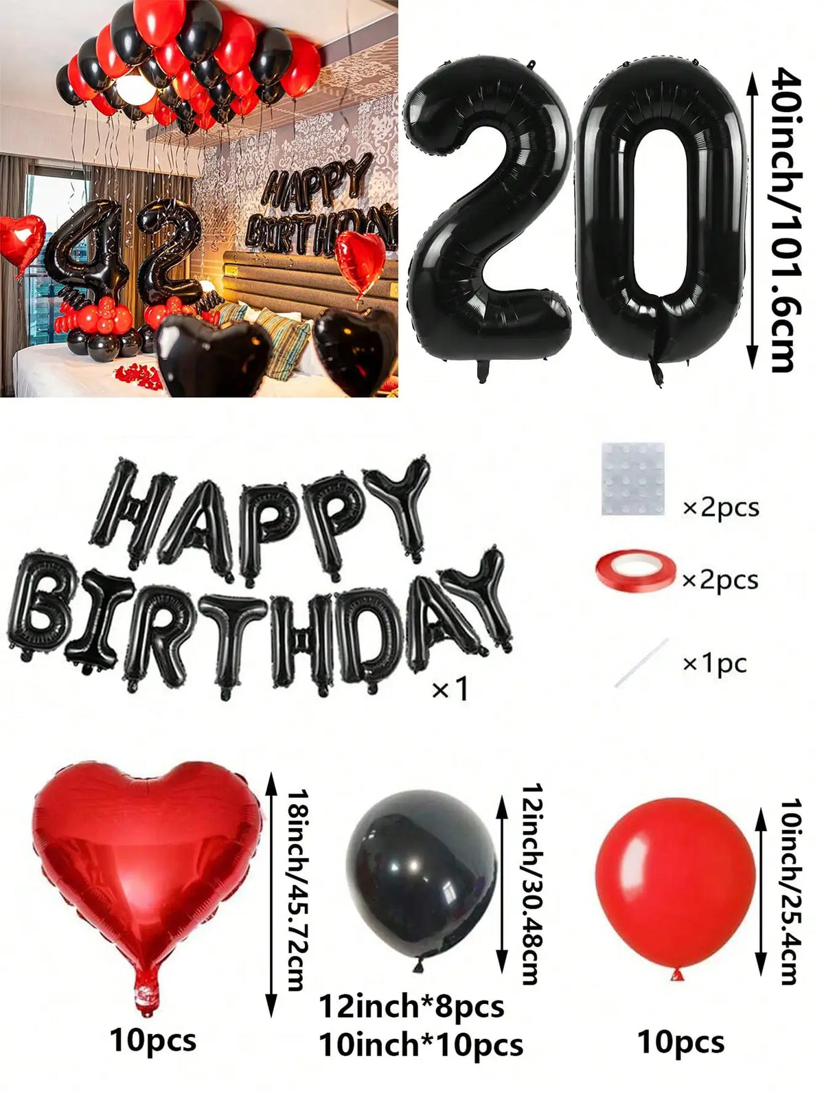 A set of red and black foil number balloons, heart-shaped balloons, and round balloons for birthday decorations.
