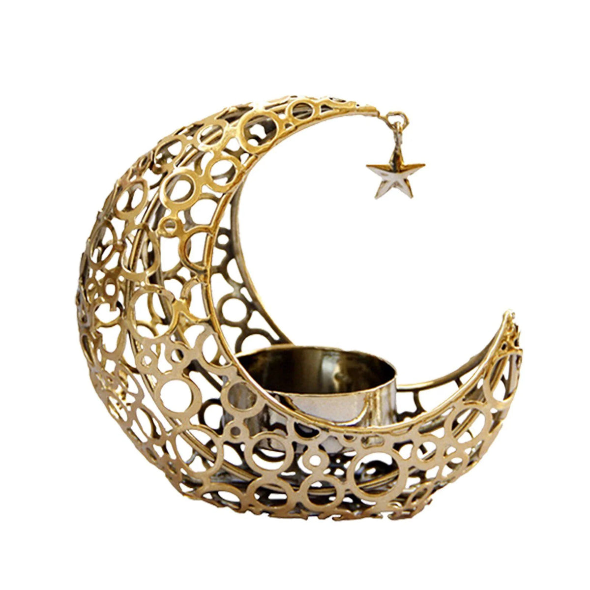 A golden crescent moon candle holder with a star charm hanging from the edge.