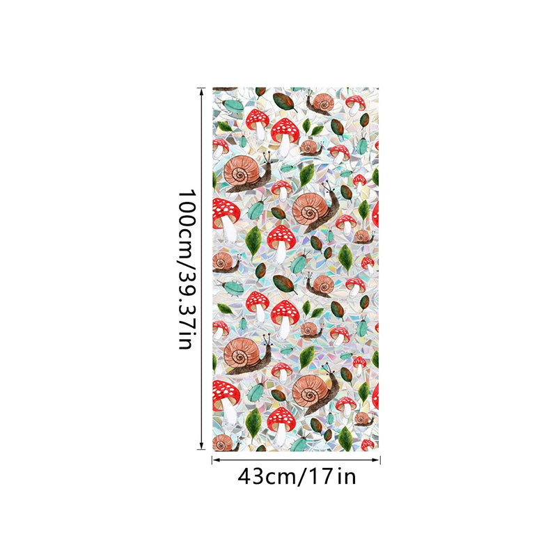 Botanical print static cling window film featuring various mushrooms and leaves