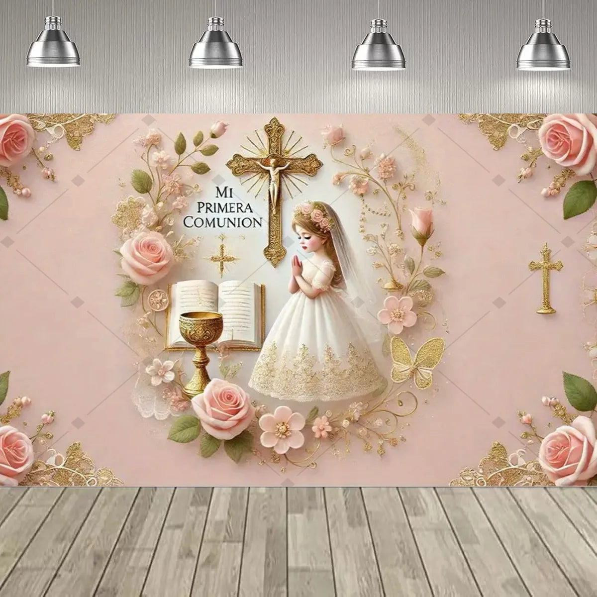 A pink First Communion backdrop featuring a cross, a girl in a white dress, and floral decorations.