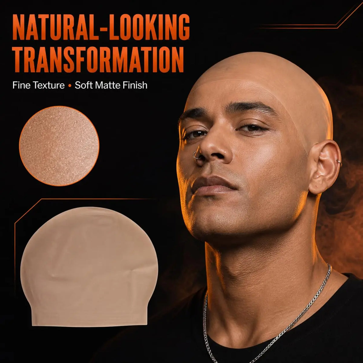 A male model wearing a natural-looking bald cap with a soft matte finish.