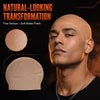 A male model wearing a natural-looking bald cap with a soft matte finish.