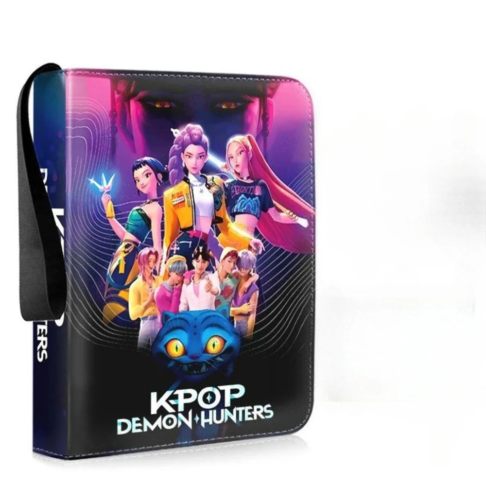 A black photo album binder featuring characters from K-Pop Demon Hunters with a vibrant purple and pink background.