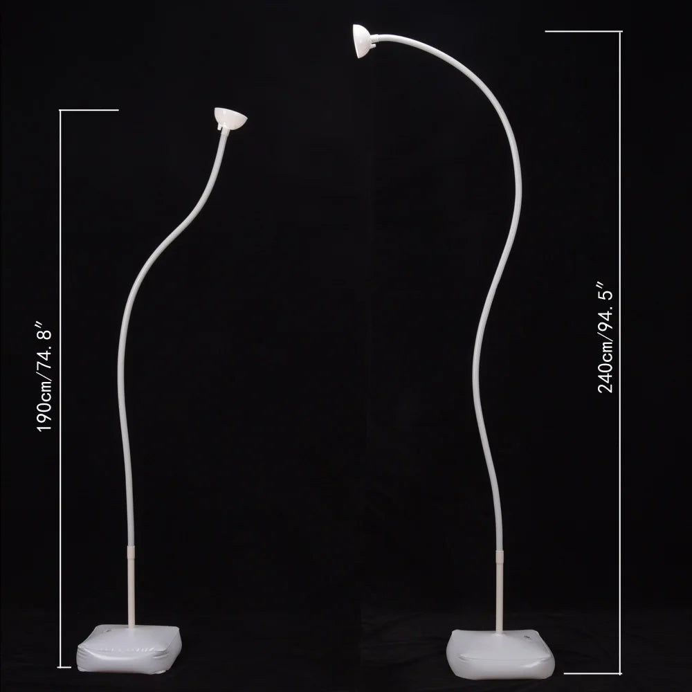 A white balloon arch kit with a curved stand and balloons shown against a black background.