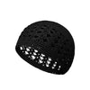 Black handmade crochet beanie hat with an openwork pattern