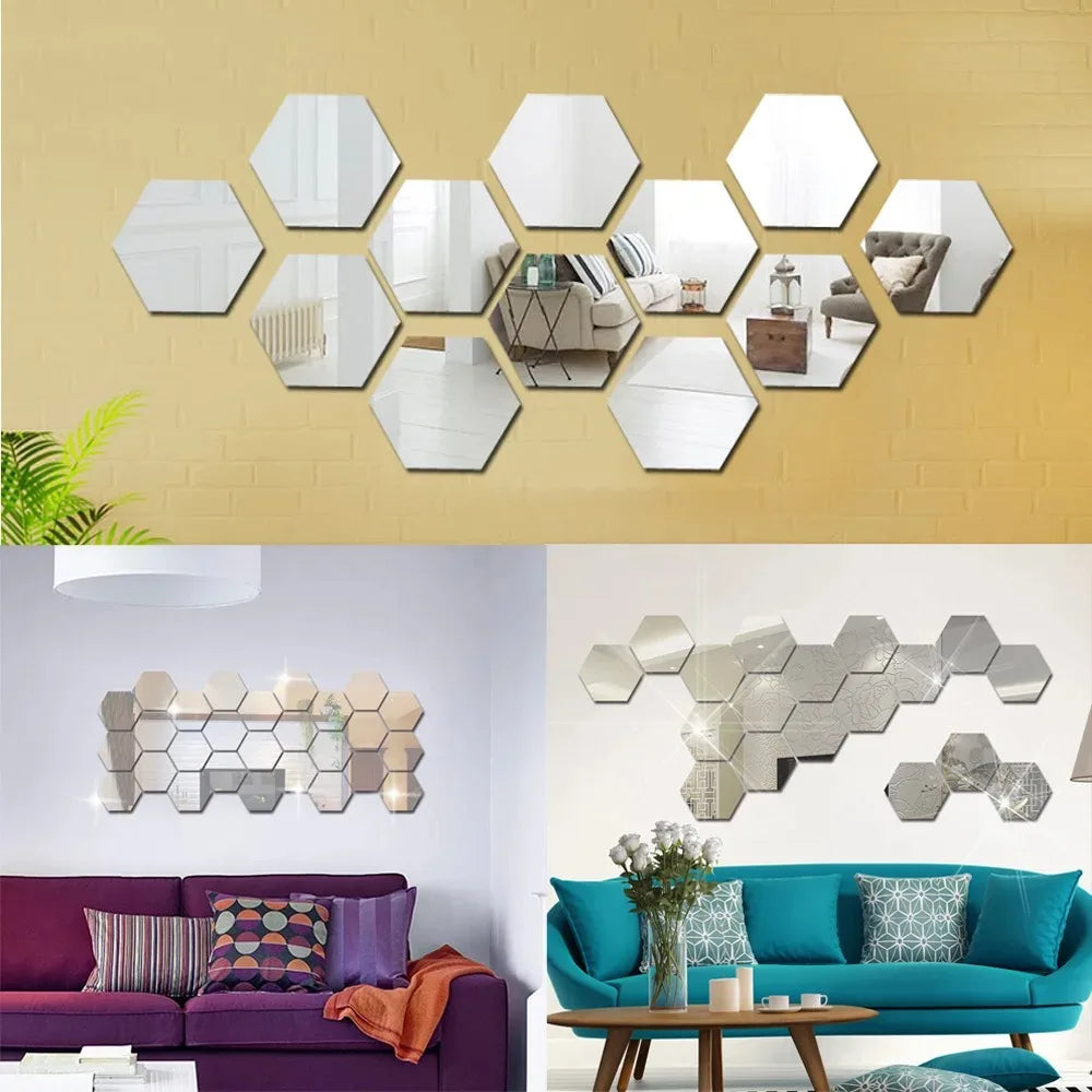 A collection of 12 self-adhesive hexagon mirror stickers decorating a light yellow brick wall.