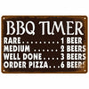 A vintage brown metal sign with white text listing BBQ timer settings for rare, medium, well done, and order pizza.