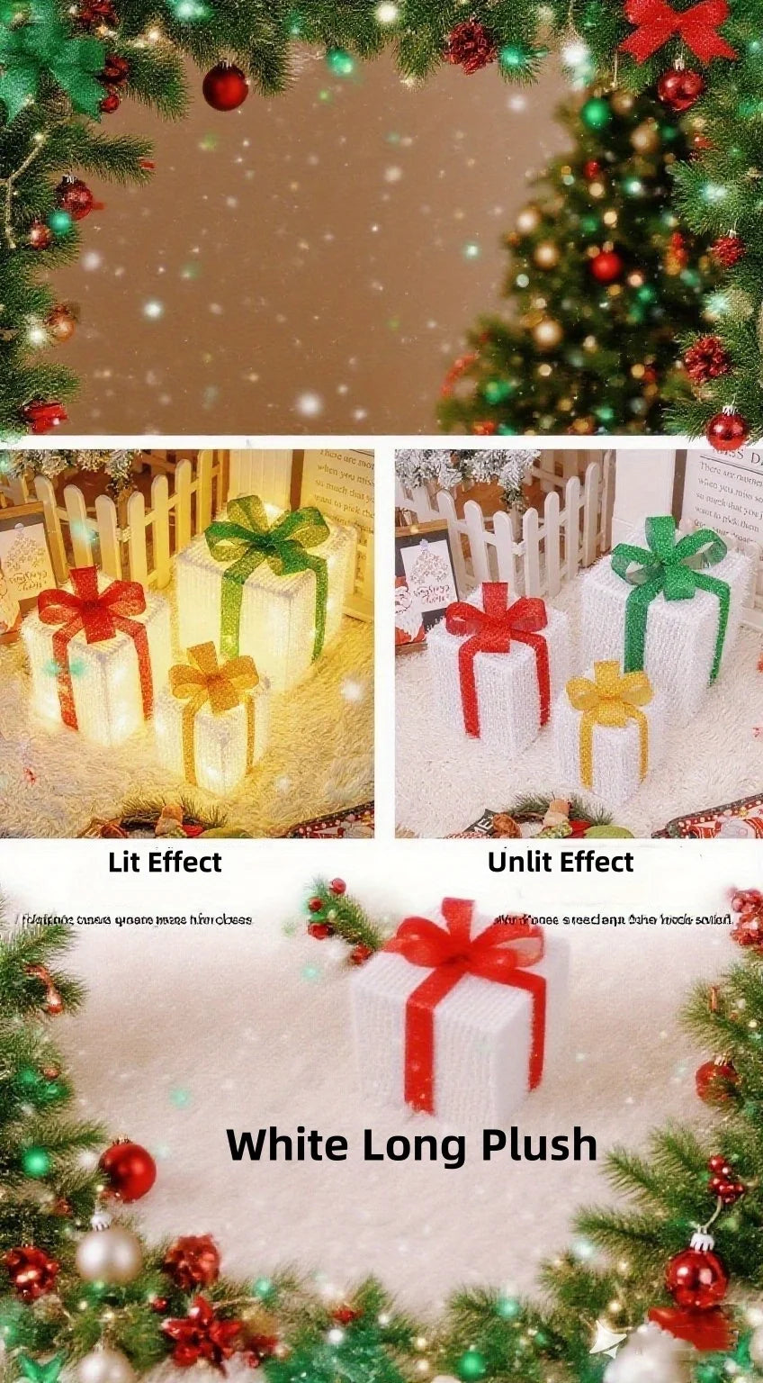 Set of three white LED light-up Christmas gift boxes with red ribbon and green accents