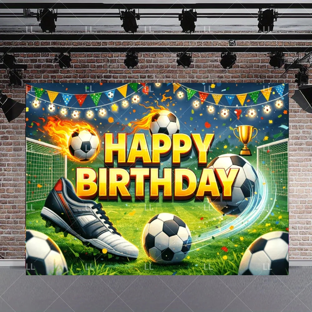 A vibrant soccer field backdrop for a birthday celebration featuring a large football, trophies, and festive lights.