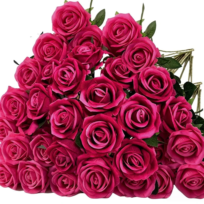 A bouquet of vibrant pink and magenta artificial roses for weddings and home decor.