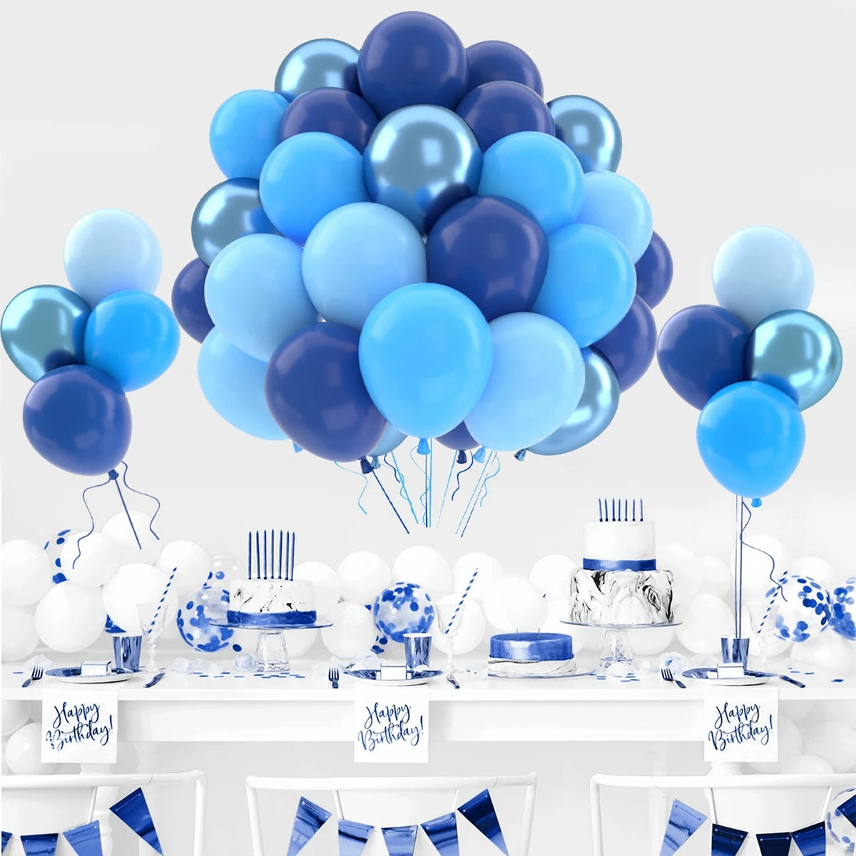 A balloon party decor kit featuring blue and silver balloons, confetti accents, and birthday decorations on a white table.