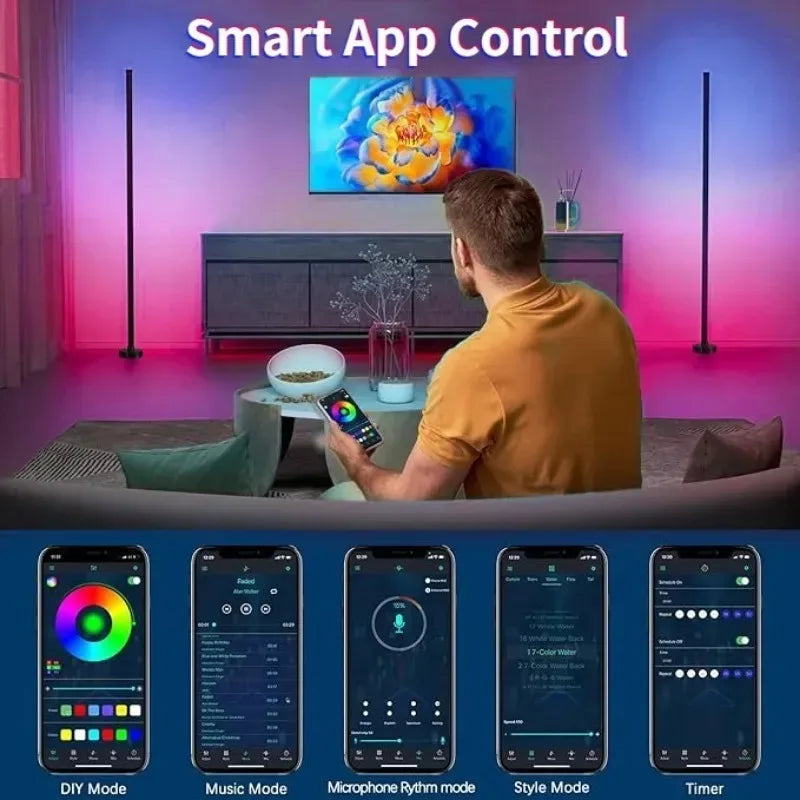 A man controls a smart RGB floor lamp system using a smartphone app, with various modes displayed on the screen.