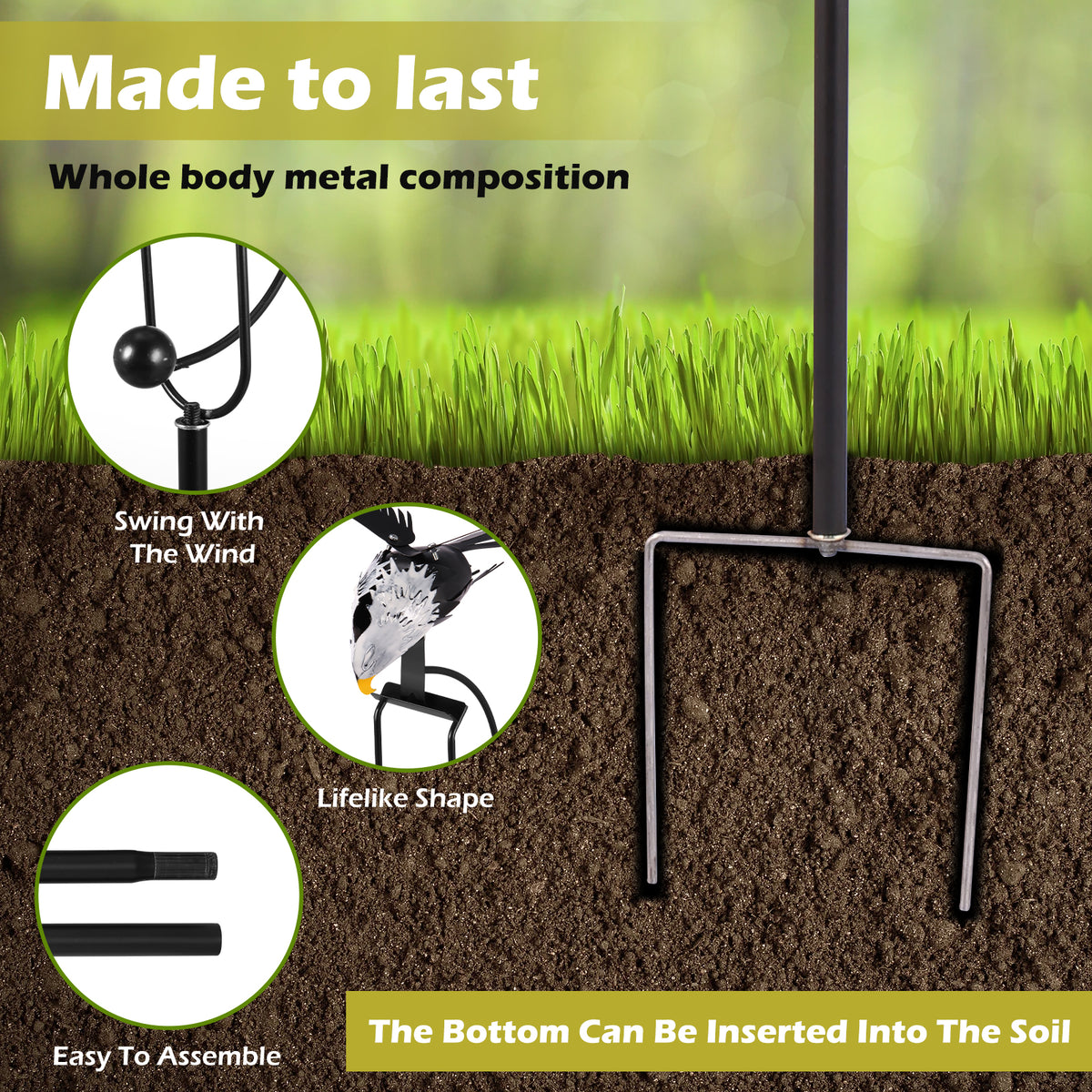 A metal wind spinner garden decoration shown inserted into soil, demonstrating its durable composition and ease of assembly.