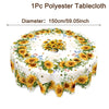 A round polyester tablecloth with a yellow and green sunflower print for dining.