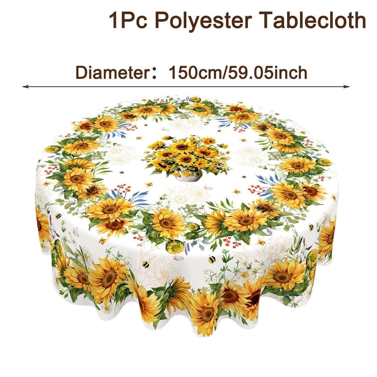 A round polyester tablecloth with a yellow and green sunflower print for dining.