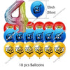A set of 18 balloons including a large purple letter balloon and several yellow and blue foil balloons.