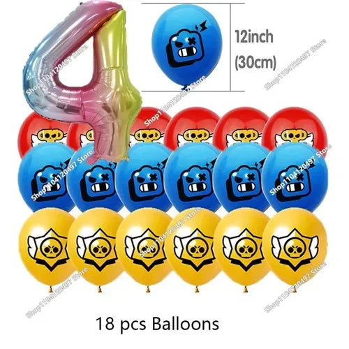 A set of 18 balloons including a large purple letter balloon and several yellow and blue foil balloons.