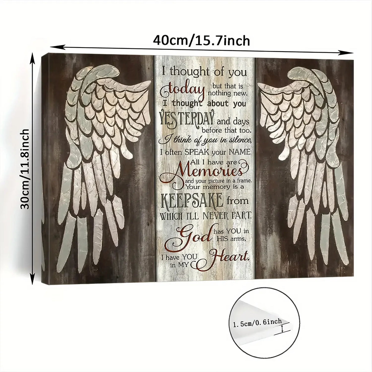 A rustic wooden wall art piece featuring a silhouette of wings and inspirational text about memories and God's heart.