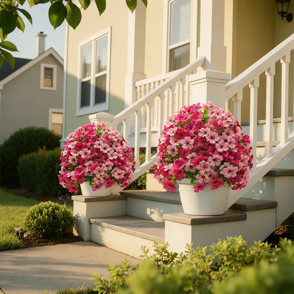 A large white planter filled with vibrant pink and magenta artificial ball flowers sits on a porch staircase.
