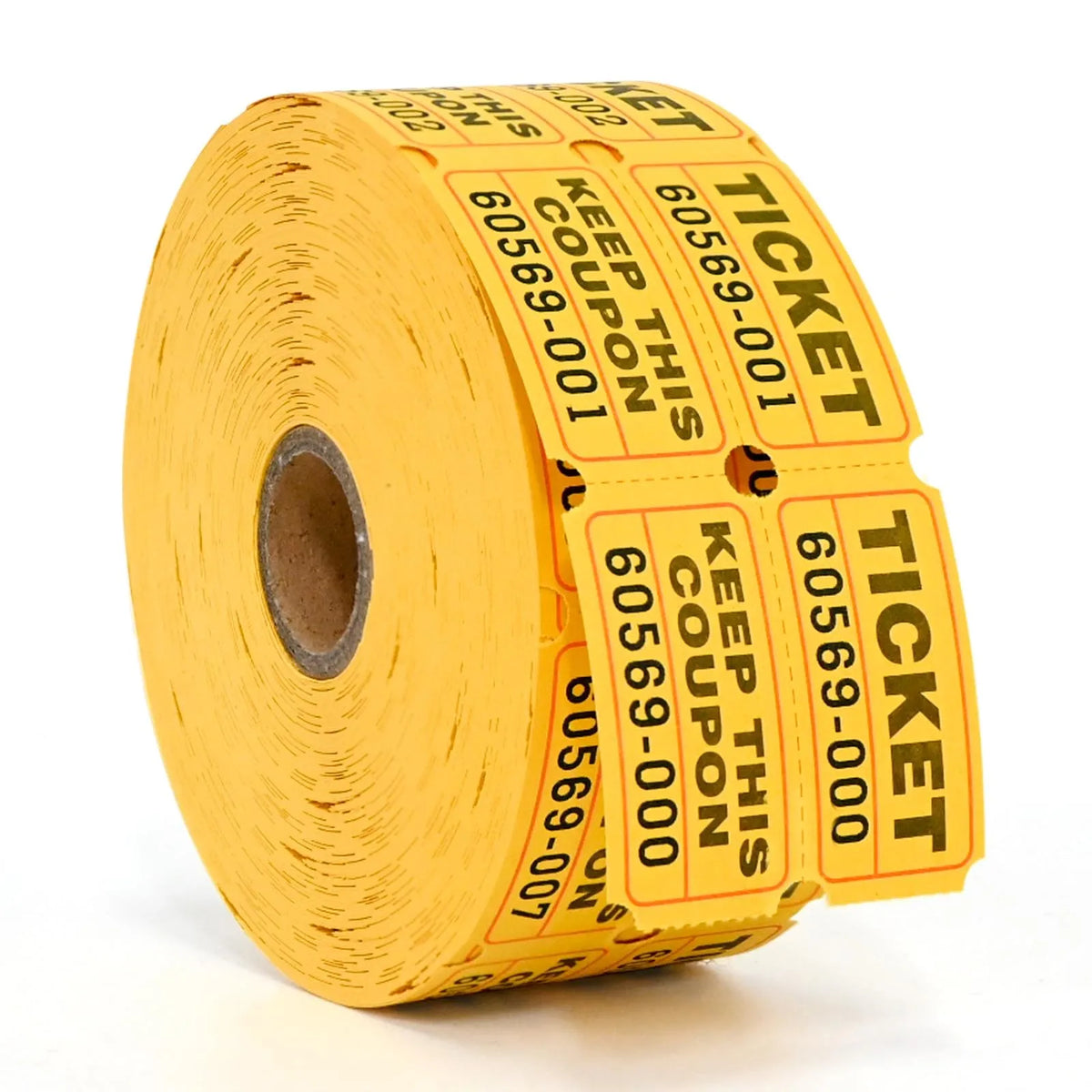 A roll of colorful tearable raffle tickets for events and prizes, yellow in color.