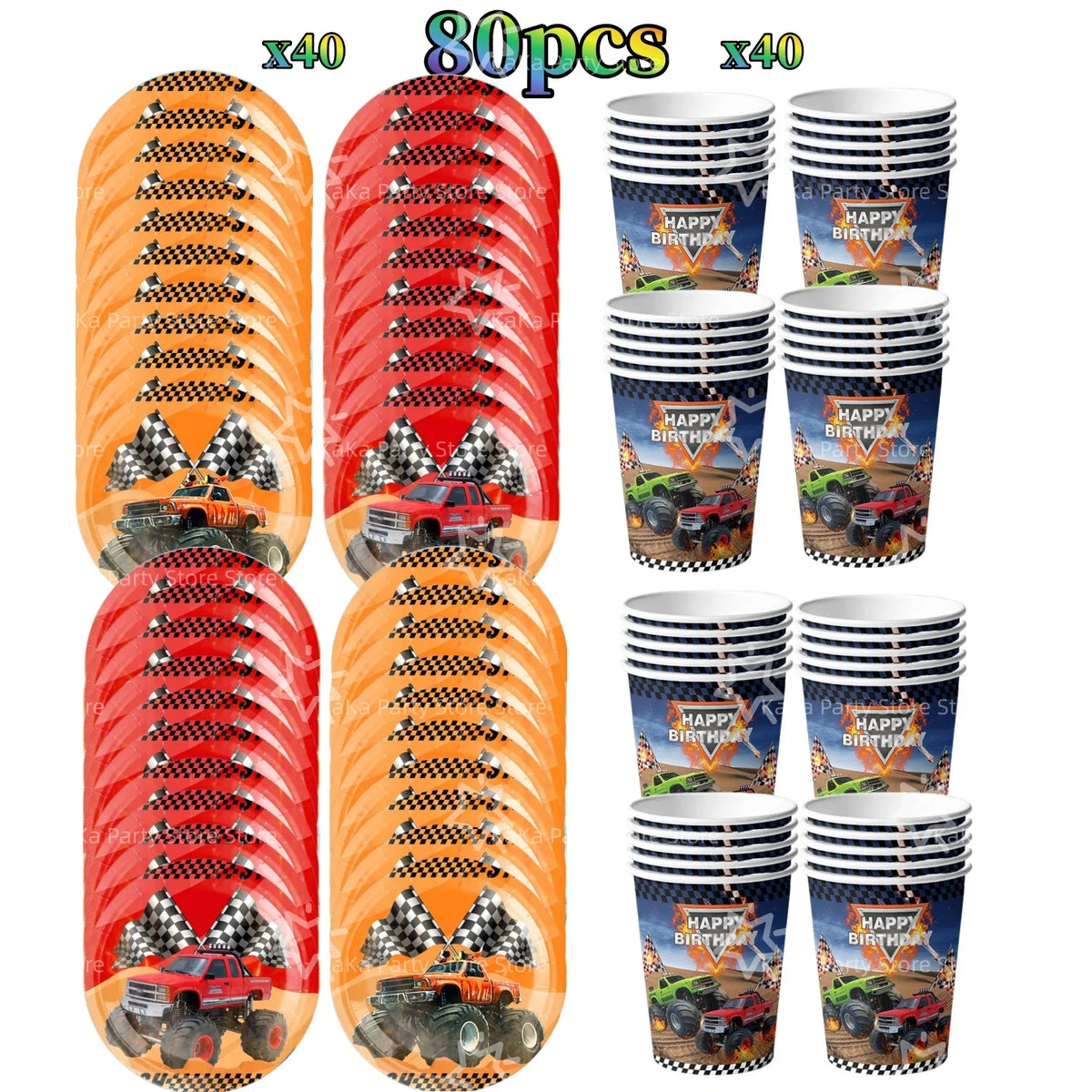 A set of 80 pieces of orange and red monster truck themed birthday party decorations including tableware cups and backdrop