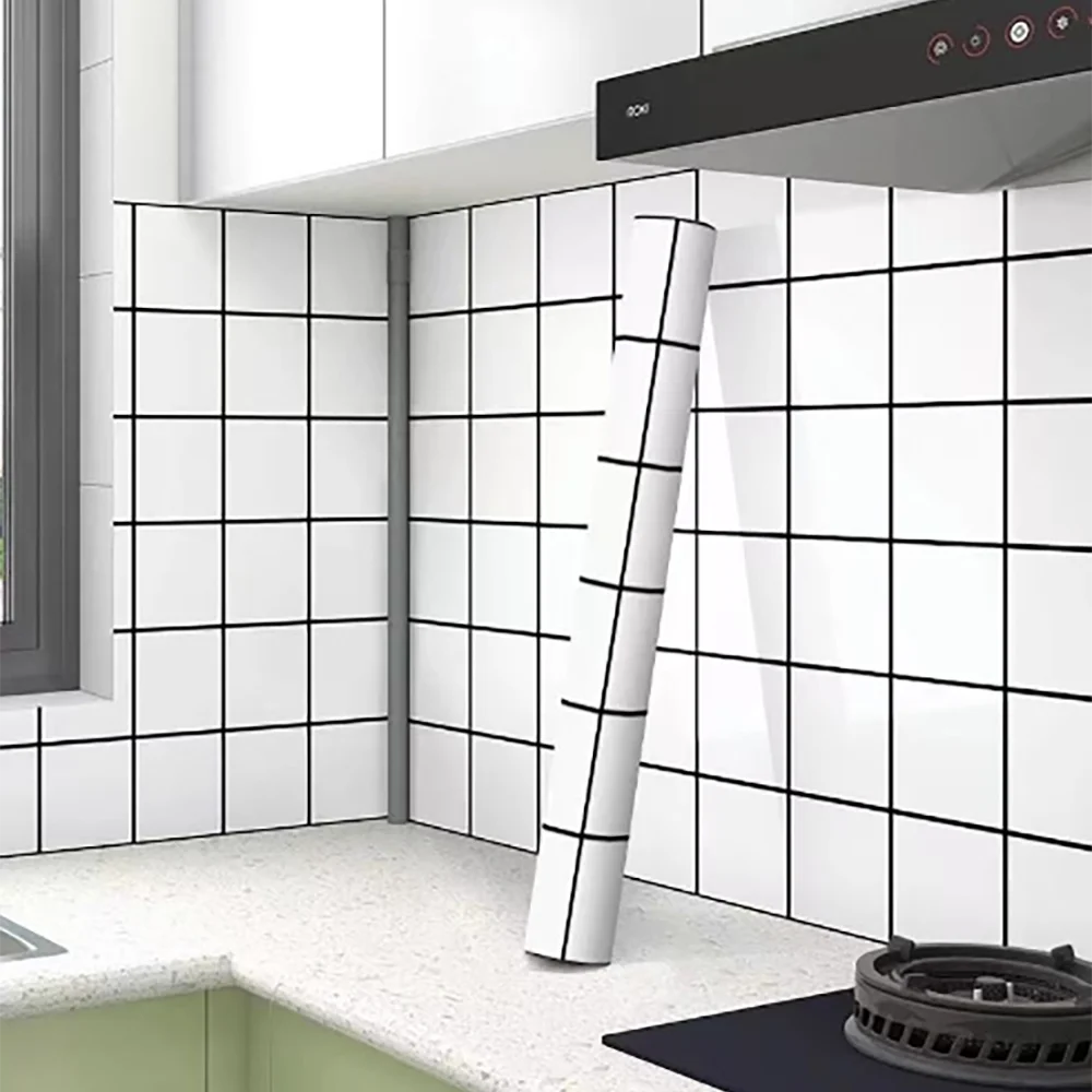 White and black grid peel-and-stick wallpaper covering a kitchen backsplash wall.