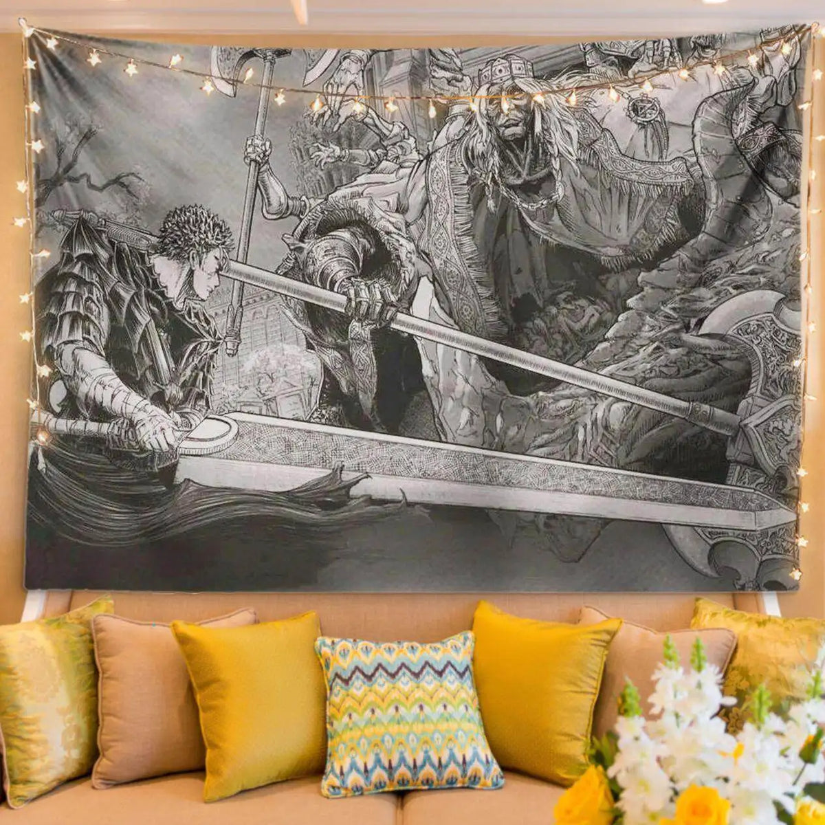 A tapestry featuring a black and white manga-style illustration of a fierce warrior for bedroom decor.