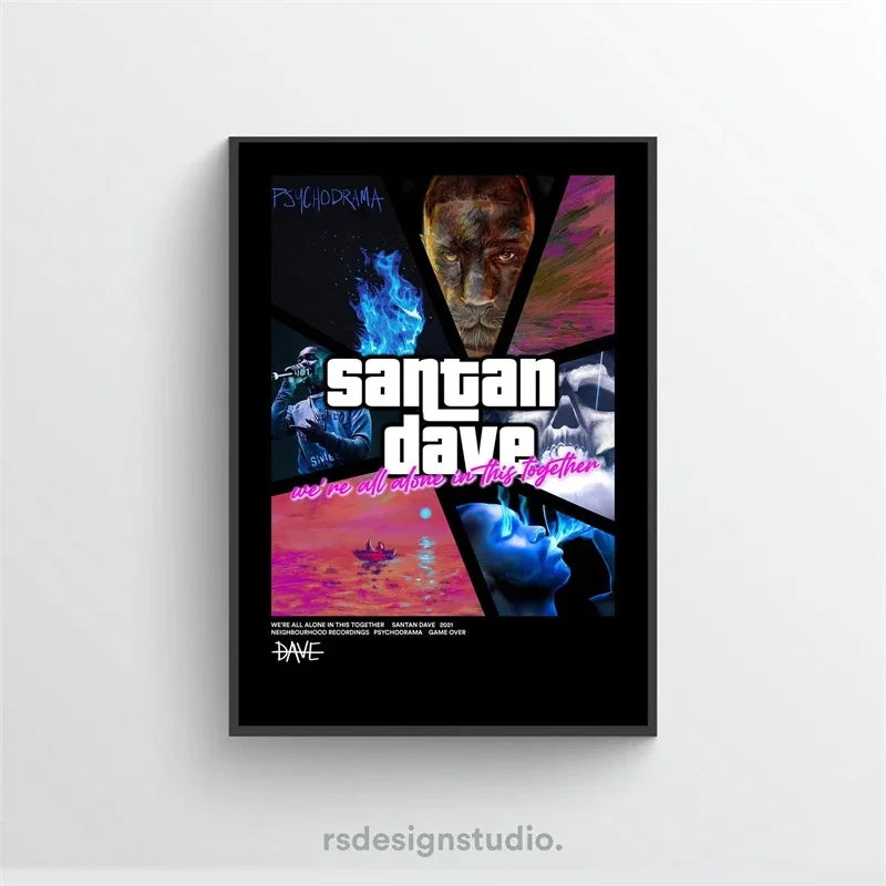 A framed poster featuring abstract, dark tones and a portrait of a person with the text Santan Dave