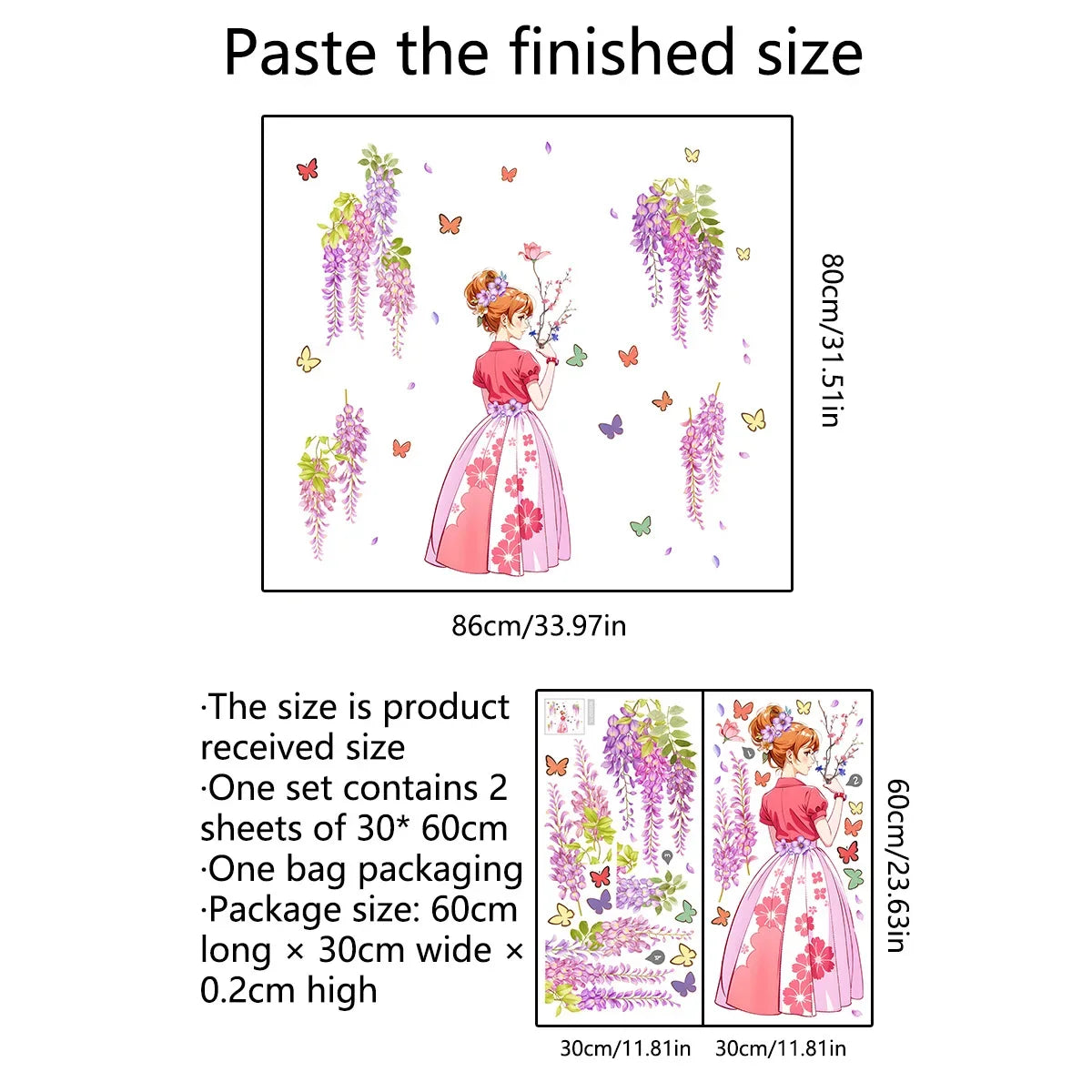 Taille finie de l'autocollant murale en forme de papillon fantaisiste, montrant l'emballage et les dimensions finales de la f