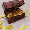 A dark red wooden pirate treasure box filled with numerous gold coins scattered on a light gray surface.