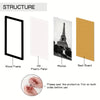 A set of five A4 black wooden picture frames and a back board with instructions for use.