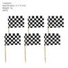 A set of black and white checkered flags used as a birthday party decoration kit.