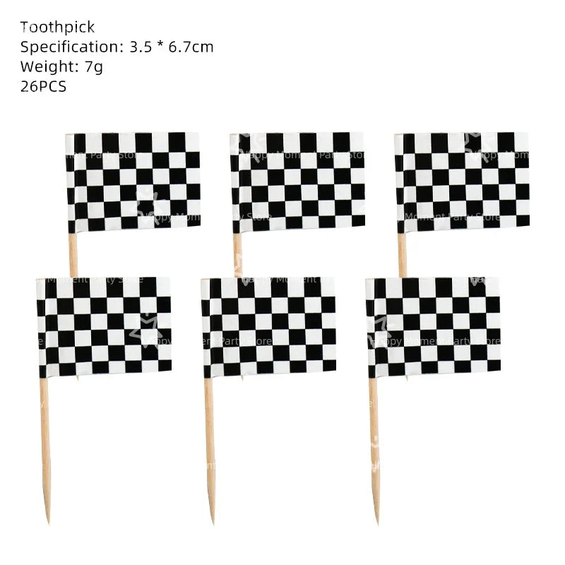 A set of black and white checkered flags used as a birthday party decoration kit.