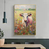 A painting of a brown and white Highland cow in a field with colorful wildflowers.
