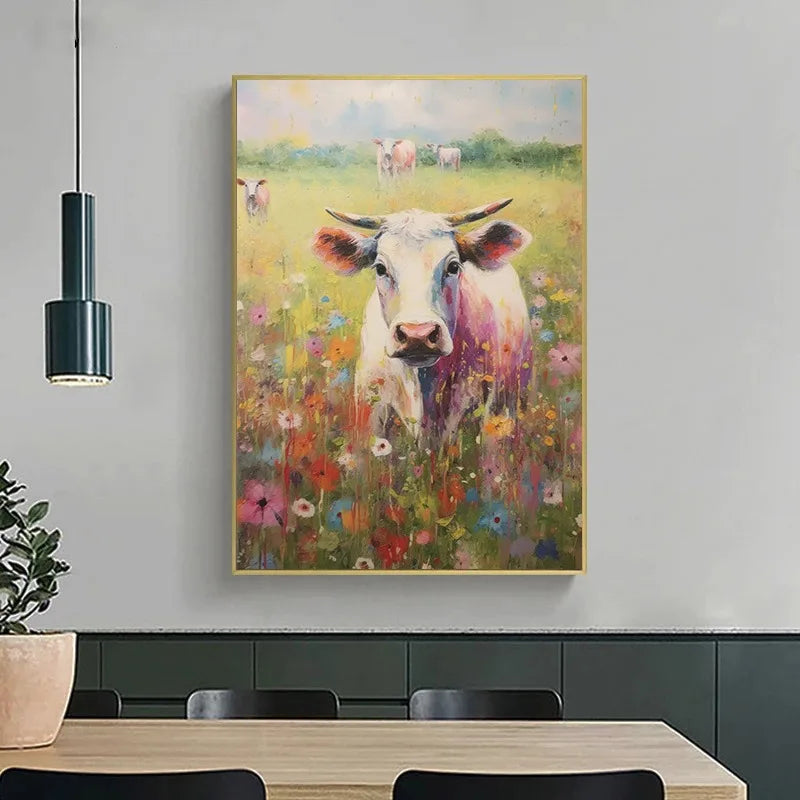 A painting of a brown and white Highland cow in a field with colorful wildflowers.