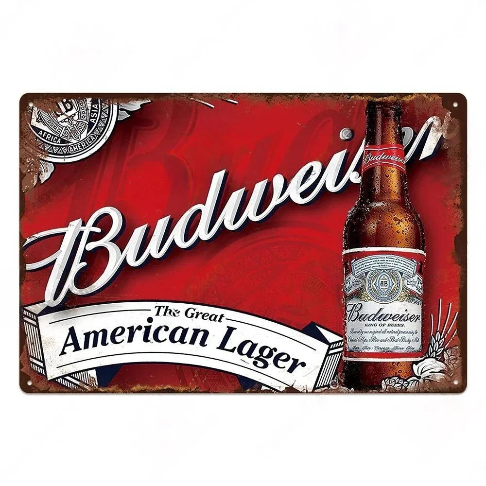 A vintage metal sign featuring the Budweiser logo and text for bar or pub decor.