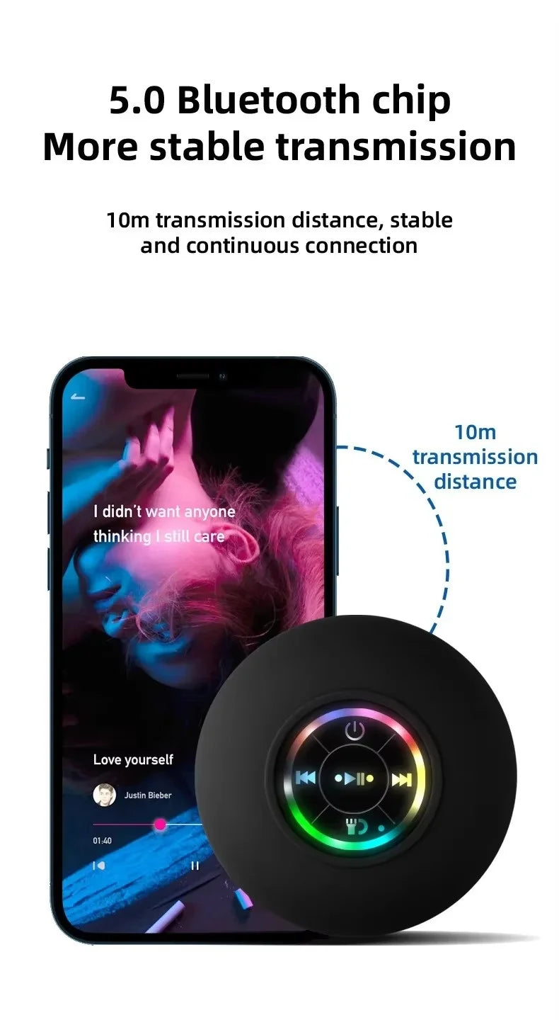 A black waterproof Bluetooth speaker is shown next to an iPhone displaying music.