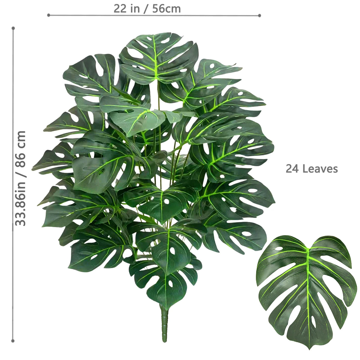 Artificial Monstera plant with silk green leaves shown in a full plant form.