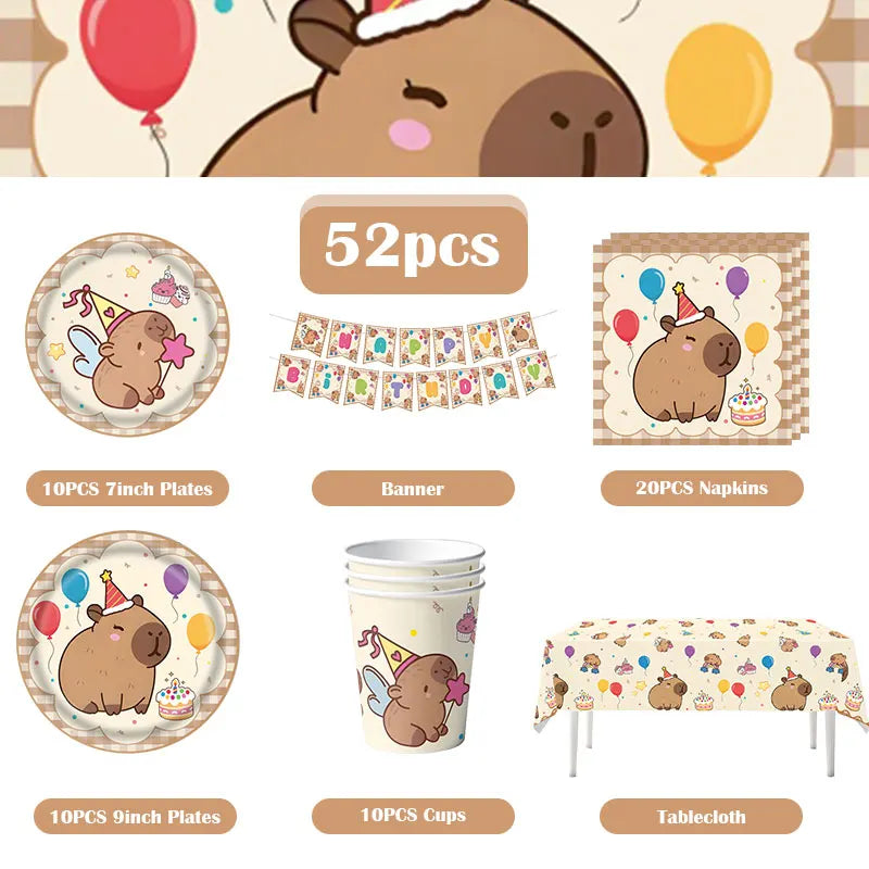 A kit for a capybara birthday party featuring 52 pieces including plates napkins cups and a tablecloth