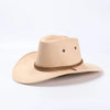 A light tan classic western cowboy hat with a wide brim and braided cord detail.