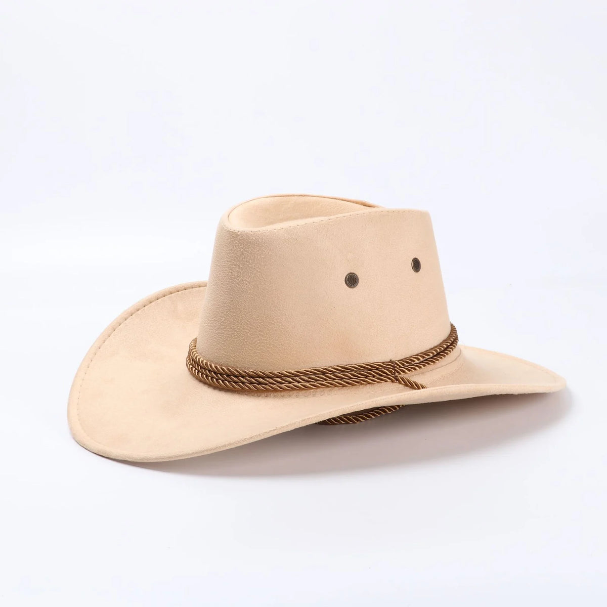 A light tan classic western cowboy hat with a wide brim and braided cord detail.