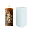 A lit candle in a cylindrical holder featuring a statue of a bearded man with a laurel wreath and lightning effects.