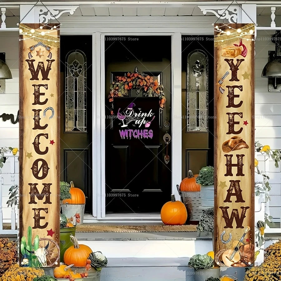 A rustic wooden banner welcomes guests featuring a cowboy theme with pumpkins and decorative elements.