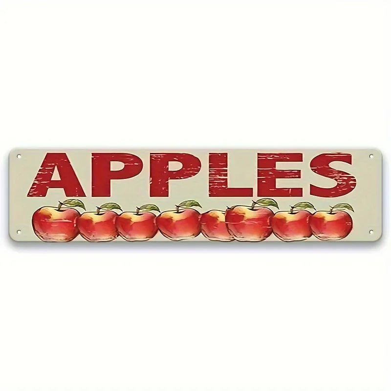 A vintage tiki bar metal sign with the word APPLES painted in red on a white background.