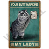 A black and white illustration of a raccoon holding a roll of toilet paper on a vintage metal sign.