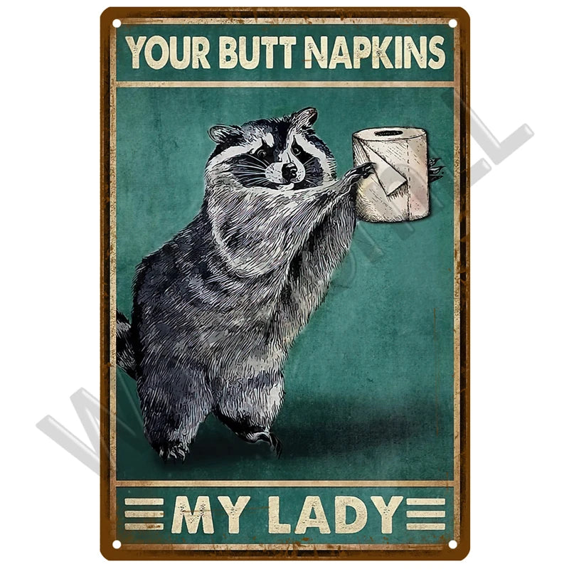 A black and white illustration of a raccoon holding a roll of toilet paper on a vintage metal sign.