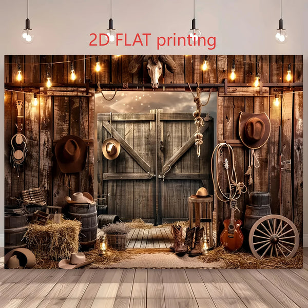 A rustic wooden photo backdrop featuring a western barn door design with cowboy hats and horses.