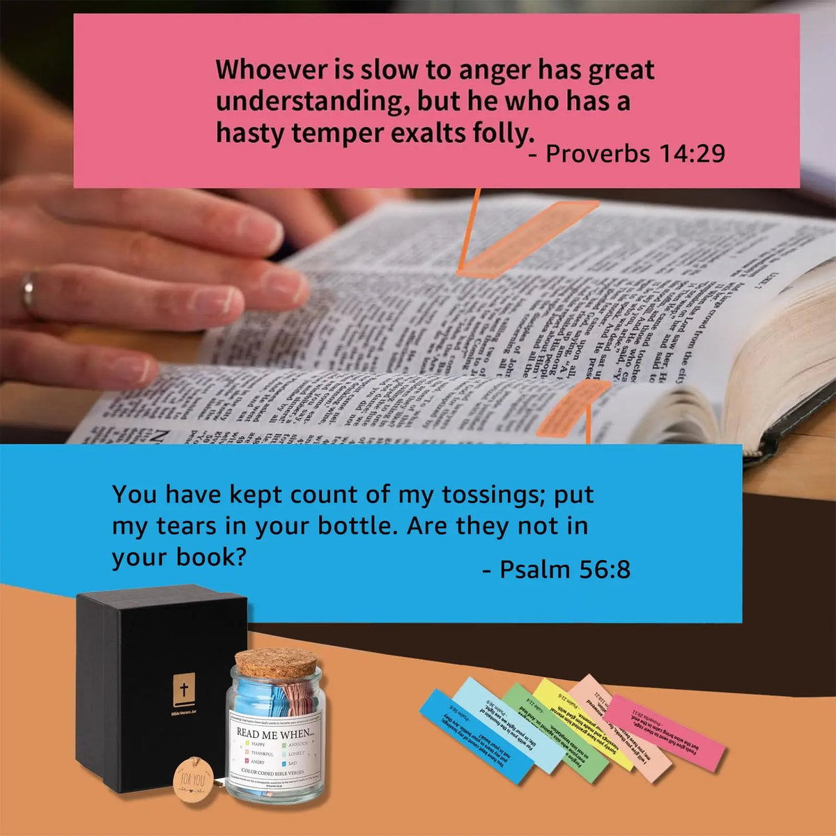 A glass jar filled with tears and a book featuring Bible verses, set on a wooden surface.