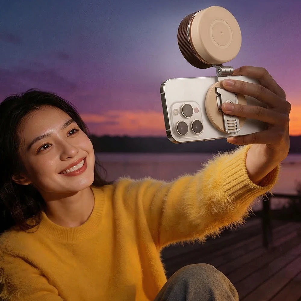 A woman in a yellow sweater holds a magnetic bladeless handheld fan against a sunset backdrop.