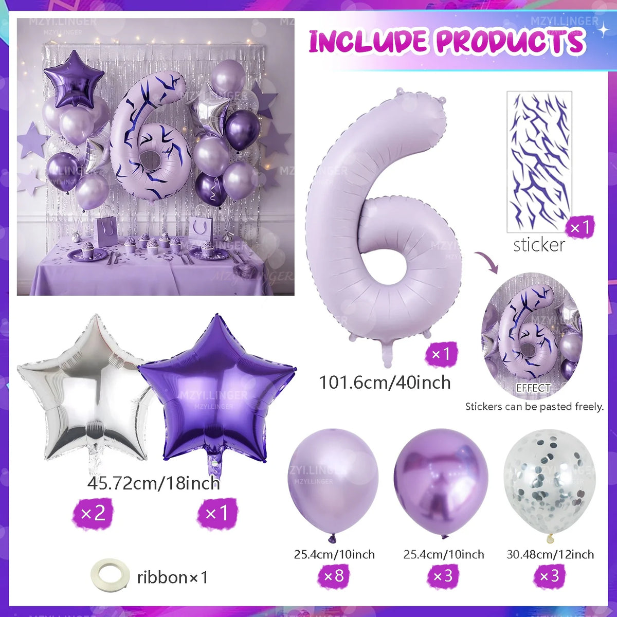 A set of large purple and silver balloons, including a number six balloon, star decorations, and ribbons for themed events.
